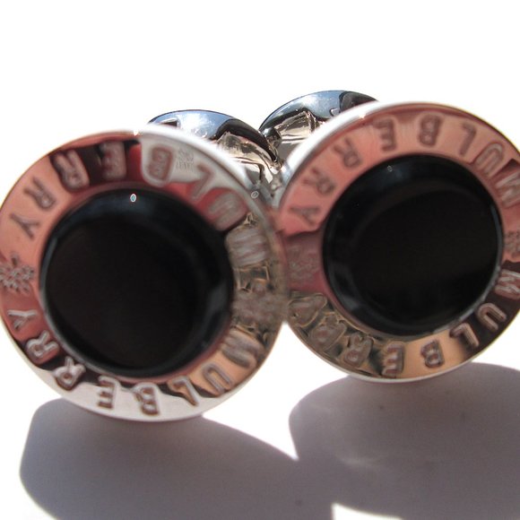 ✨Vintage MULBERRY Cuff Links Cufflinks Silver Black Designer Signed Round Circle - Picture 2 of 13